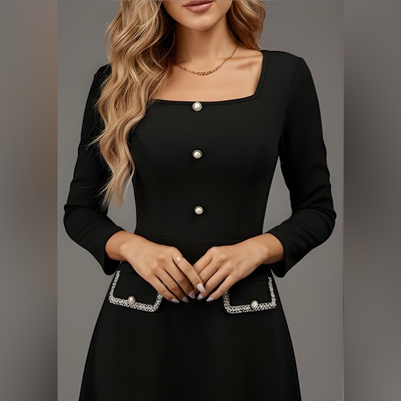 A-Line Pearl Button Square Neck Dress Black - Picture 3 of 11
